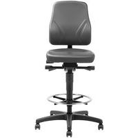 Ergonomisk verkstedstol – modell med høy rygg, på selvlåsende svinghjul med fotstøtte – Manutan
