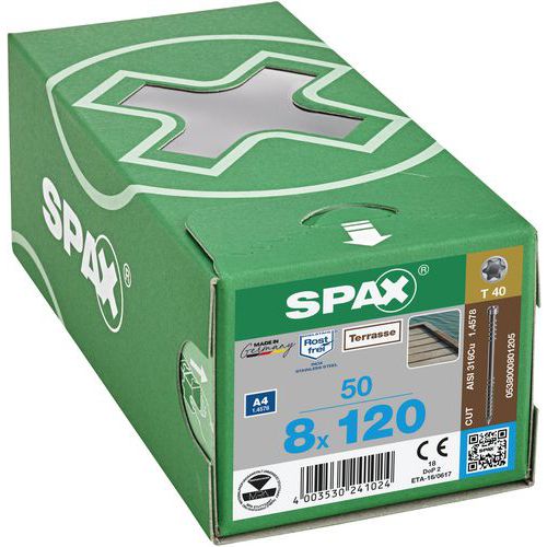 Eske med 50 terrasseskruer sylindrisk hode TX Ø 8 mm - Spax Eske med 50 terrasseskruer sylindrisk hode TX Ø 8 mm - Spax