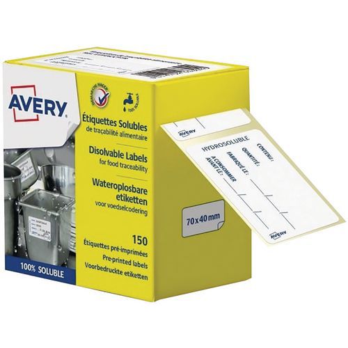 Vannløselig forhåndsutskrevet etiketter til matsporbarhet - Pakke à 150 - Avery