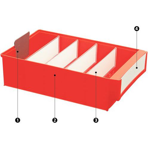 1 - languette de blocage 2 - bords polypropylène3 - séparations transversales4 - étiquettes adaptables