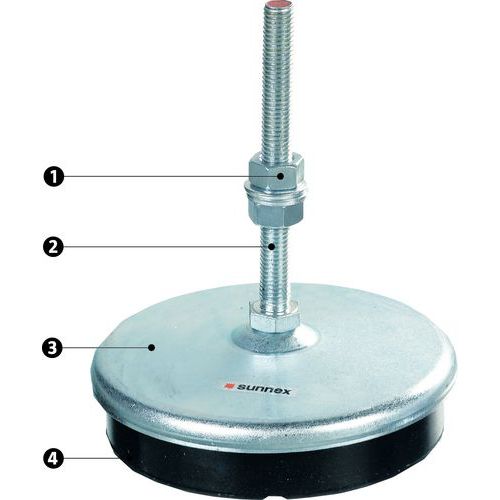 1 - écrous et rondelles pour la mise à niveau et le verrouillage2 - vis de fixation/mise à niveau : permet une inclinaison de 7° 3 - plaque support en acier4 - élément amortisseur intégré en caoutc 1 - écrous et rondelles pour la mise à niveau et le verrouillage2 - vis de fixation/mise à niveau : permet une inclinaison de 7° 3 - plaque support en acier4 - élément amortisseur intégré en caoutc