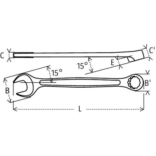 B / B' : tête ØC : fourche épaisseurC' : tête hauteurE : inclinaisonL : longueur B / B' : tête ØC : fourche épaisseurC' : tête hauteurE : inclinaisonL : longueur